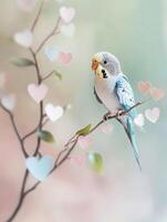 Valentines day parakeet with heart decorations for romantic celebrations photo