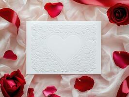 Elegant Valentines day card mockup with embossed heart on silk fabric for romantic designs photo