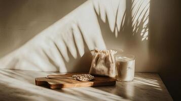 Rustic kitchen scene with wooden cutting board, sunflower seeds, and glass of milk photo