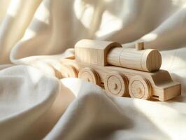 Wooden train toy resting on soft fabric surface. Childhood playtime and creativity photo