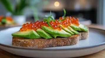 Gourmet avocado toast with caviar on artisan bread for breakfast and brunch photo
