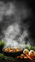 Rustic meal with steaming traditional dish in cozy setting photo