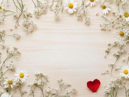 Delicate floral arrangement with daisies and wildflowers in heart frame on wooden surface photo