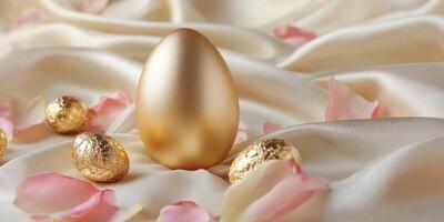 Luxurious Easter composition with golden eggs and pink petals on satin fabric photo