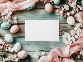 Blank Easter mockup with decorative eggs and blossoms for creative spring designs photo