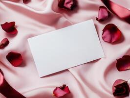 Elegant blank card on pink satin with rose petals for romantic occasions and invitations photo