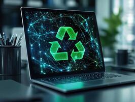 Eco friendly technology concept featuring a sleek black laptop with a glowing green recycling symbol photo