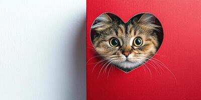 Curious cat peeking through heart shaped cutout in minimalist design for Valentines day photo
