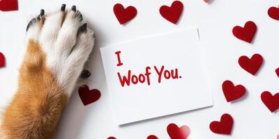 Playful canine themed flat lay with dog paw and heart shapes for Valentines day love concept photo