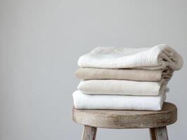 Neatly folded neutral toned baby clothes on wooden stool for minimalist nursery design photo