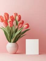 Minimalist Valentines card with tulips in a vase for romantic greeting design photo