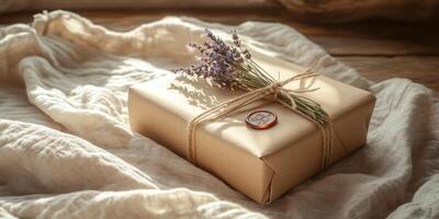 Rustic gift wrapped in kraft paper with lavender and twine for special occasions photo