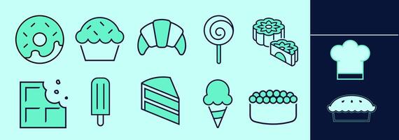 Sweets LINE icon set for logo or digital work. Icons of doughnut, lolly, croissant, chocolate, icecream, cake, pie and other. Editable elements, size and color. vector