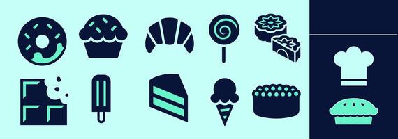 Sweets SOLID icon set for logo or digital work. Icons of doughnut, lolly, croissant, chocolate, icecream, cake, pie and other. Editable elements, size and color. vector