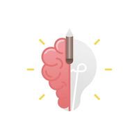 simple creativity icon, a brain with a pencil and a light bulb vector
