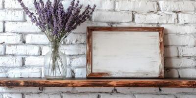 Rustic loft decor with aged wooden frame and lavender on shelf photo
