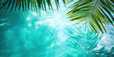 Tropical gradient transition with palm leaves and water reflections photo