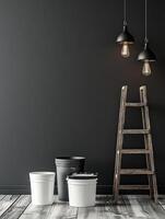 Modern minimalist interior under renovation with dark walls and vintage lighting photo