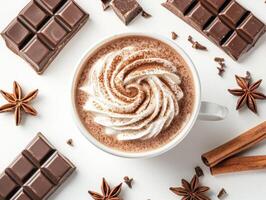 Whimsical chocolate flat lay with hot cocoa and spices for cozy inspiration photo