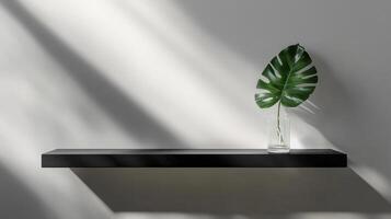 Minimalist interior design with sleek black floating shelf and tropical leaf decor photo
