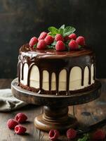 Decadent chocolate cake with glossy ganache and raspberries for special occasions photo