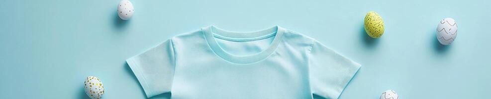Light blue T shirt mock up on pastel background with decorative Easter eggs for design and branding photo