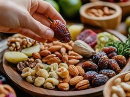 Nutritious assortment of dates nuts and fresh fruit for healthy snacking and culinary inspiration photo