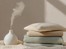Minimalist home decor with neatly folded textiles and ceramic aroma diffuser photo