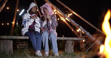 Handheld low angle view shot, Two women in warm clothing sit on wooden chair by a campfire, drinking hot drinks and chatting happily on a cold night. video