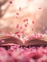 Whimsical scene of open book with sakura petals in gentle bloom photo