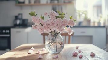 Charming cherry blossom centerpiece for spring decorations on a sunny kitchen table photo
