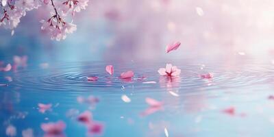 Sakura petals falling on tranquil water surface in springtime bliss photo