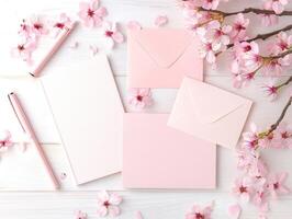 Sakura inspired stationery flat lay design with cherry blossoms and envelopes photo