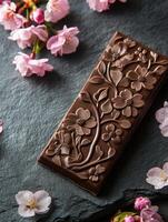 Handcrafted sakura flavored chocolate bar surrounded by cherry blossoms photo