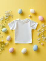 Easter T shirt mock up on soft yellow background with colorful eggs and flowers for spring design photo