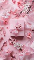 Sakura inspired luxury gift flat lay with cherry blossom theme for elegant occasions photo