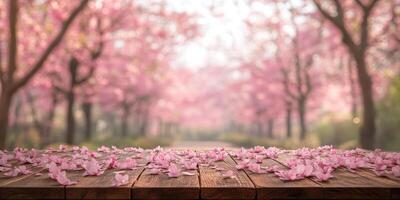 Rustic wooden table with scattered sakura petals amidst blossoming cherry trees in springtime photo