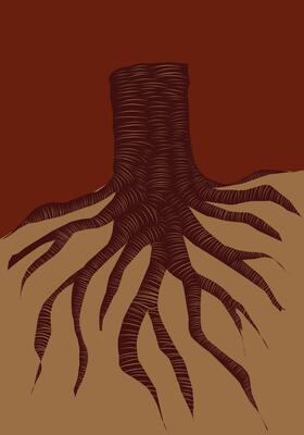A tree with roots on a brown background