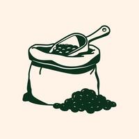 A burlap sack overflowing with coffee beans being filled with a scoop, hand drawn style vector