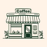 A charming coffee shop awaits with steaming cups displayed in the window, hand drawn style vector