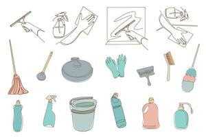 Cleaning equipment and items background. Cleaning tools drawn in one line. Cleaning items icons in linear style. vector