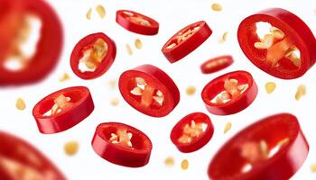 Slices of Fresh Red Chili on a Pristine White Background photo