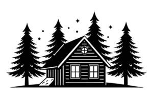 Rustic log cabin nestled amongst snowy pines. vector