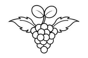 Simple black and white outline drawing of a bunch of grapes with leaves. vector