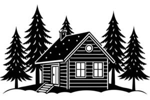 A Rustic log cabin nestled amongst snowy pines. vector