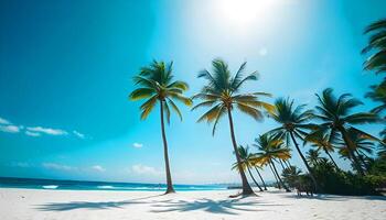 palm trees on a beach with the sun shining photo