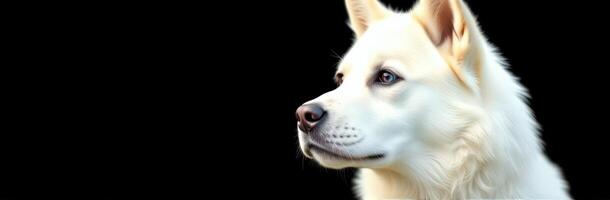 White dog with soft fur gazes thoughtfully against a dark background, showcasing its gentle features and expressive eyes photo