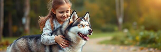 Young girl joyfully interacts with a husky dog in a sunny park during early evening hours photo