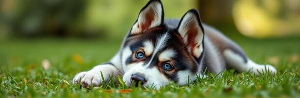 Adorable husky puppy relaxing on lush green grass in a sunlit backyard during a warm afternoon photo