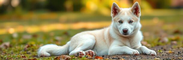 Fluffy Siberian Husky lies relaxed on a grassy field surrounded by autumn leaves under soft morning light photo